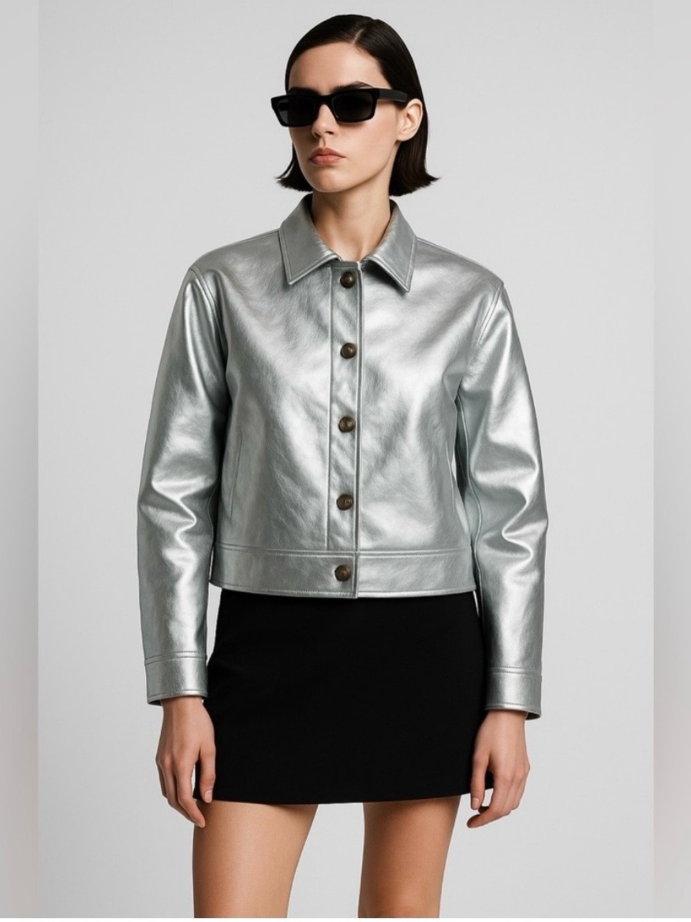 Metallic Silver Leather Button-Front Jackets